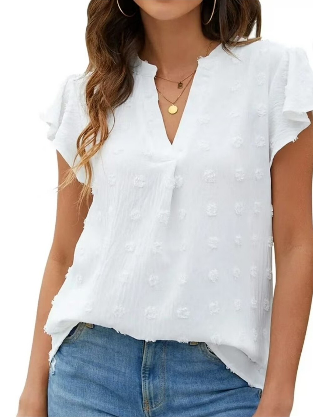 Fantaslook White Textured V-Neck Short Sleeve Top Size Large - Picture 5 of 9
